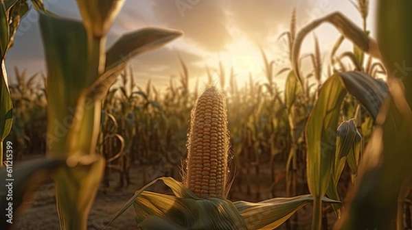 Fototapeta An ear of corn in a cornfield in the rays of light, generative ai, 8k
