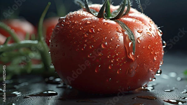 Fototapeta Juicy tomato with water drops on the table, generative ai, 8k