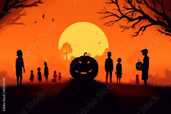 Fototapeta Halloween pumpkin faces on wood background Generative AI