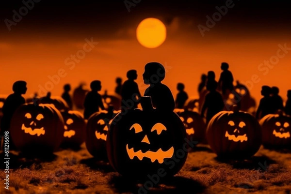 Fototapeta Halloween pumpkin faces on wood background Generative AI