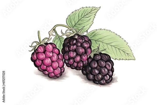 Fototapeta Blackberry with leaves isolated solid Background Illustration. Generative AI