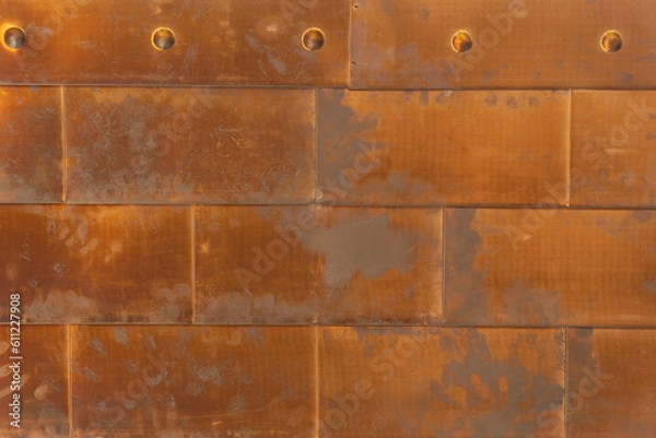 Obraz Texture of rusty processed metal plates with rivets