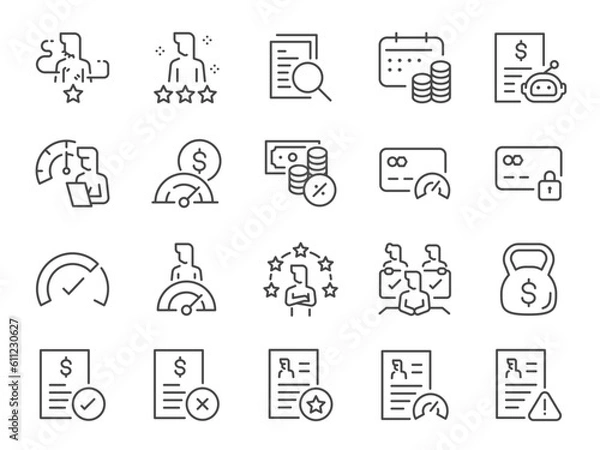 Fototapeta Credit score icon set. It included credit rating, financial scoring, auditor, profile review, and more icons. Editable Stroke.