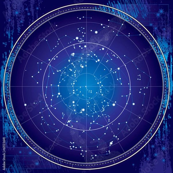 Fototapeta Niebiańska mapa nocnego nieba. Astronomiczna mapa półkuli północnej (Ultrafiolet Blueprint wersja EPS-8)