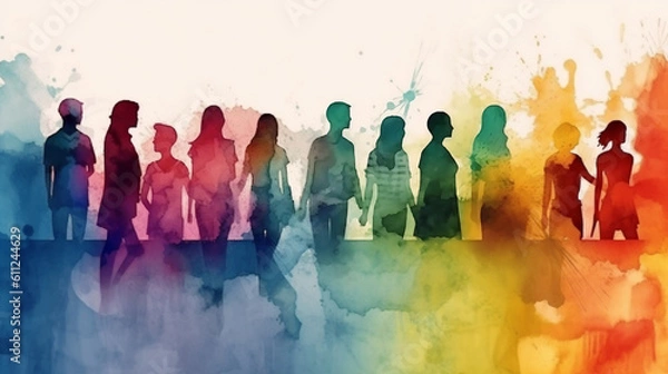 Fototapeta Abstract watercolor illustration of people with rainbow lgbt pride parade concept. Generative ai.