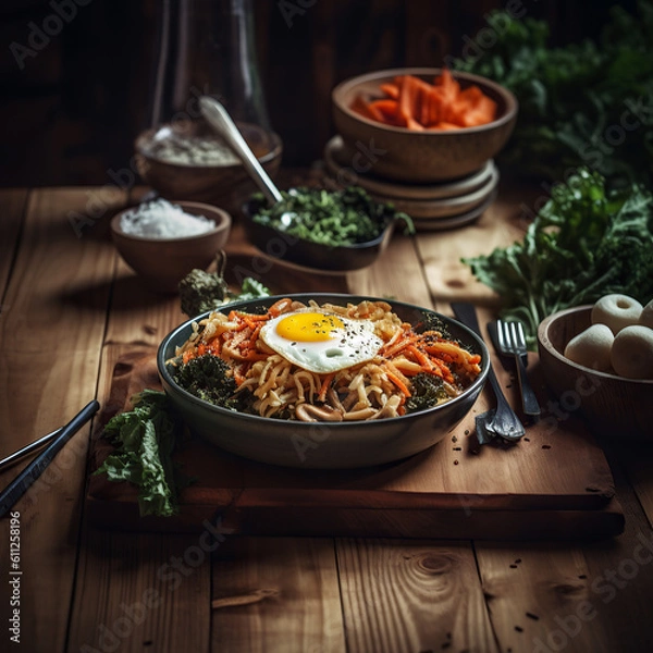 Fototapeta Ai generated illustration Tasty Bibimbap, Korean spicy salad with rice and fried egg