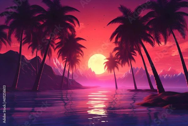 Obraz Synthwave Dreams: 80s Retro Palms trees Vibes, Generative AI