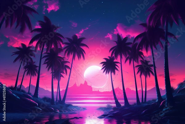Obraz Synthwave Dreams: 80s Retro Palms trees Vibes, Generative AI