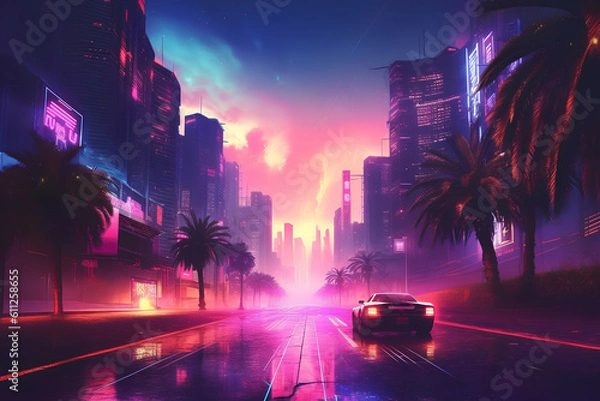 Fototapeta Synthwave Dreams: 80s Retro Cyberpunk Vibes, Generative AI