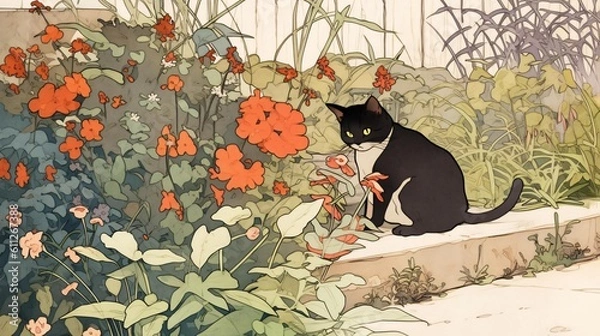 Obraz Lofi cat in a flower garden, anime manga style illustration