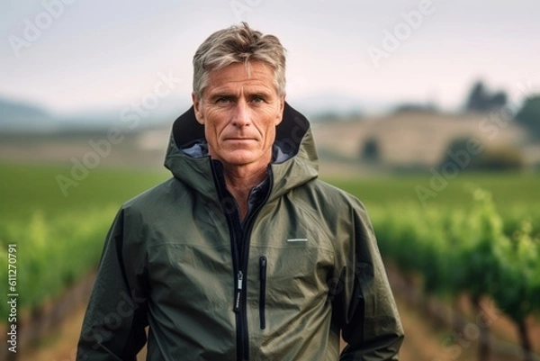 Fototapeta Medium shot portrait photography of a glad mature boy wearing a lightweight windbreaker against a vineyard background. With generative AI technology