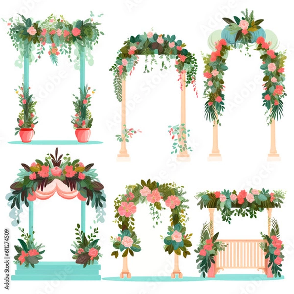Obraz set of vector wedding altars for the marriage ceremony decorated with flowers 