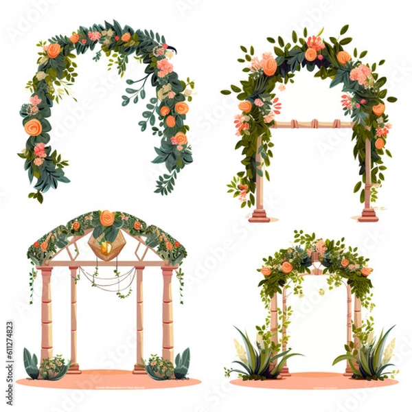 Fototapeta set of vector wedding altars for the marriage ceremony decorated with flowers 
