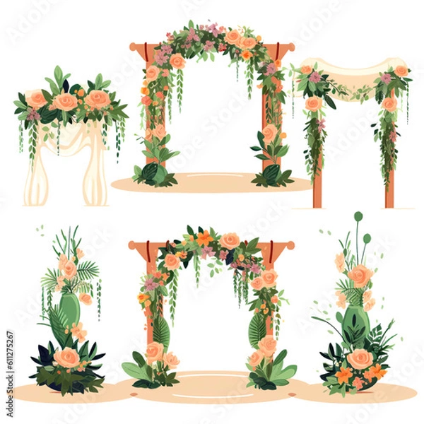 Obraz set of vector wedding altars for the marriage ceremony decorated with flowers 