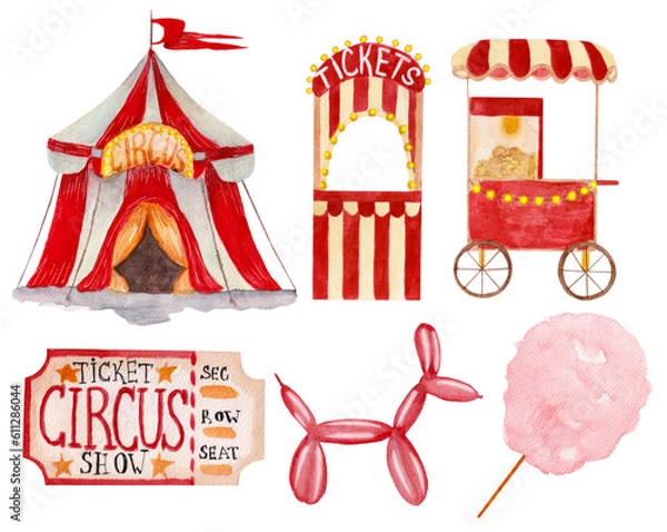 Fototapeta Watercolor circus tent, popcorn machine, balloon, ticket, cotton candy and ticket office isolated on white background. 