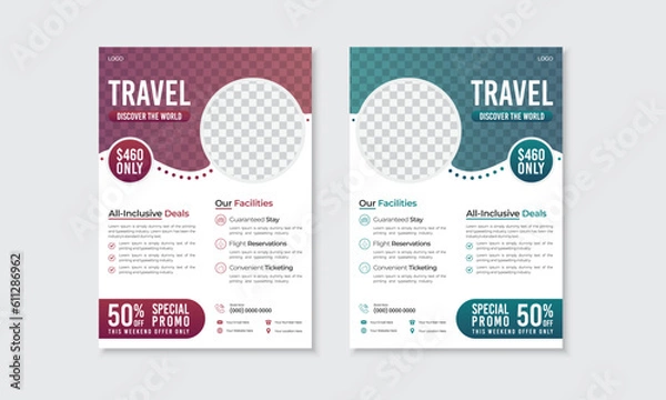 Obraz Travel flyer, poster, pamphlet, brochure cover design template with space for photo background, two color schemes, vector layout in A4 size with margin & bleed, easy to use and edit, print ready file