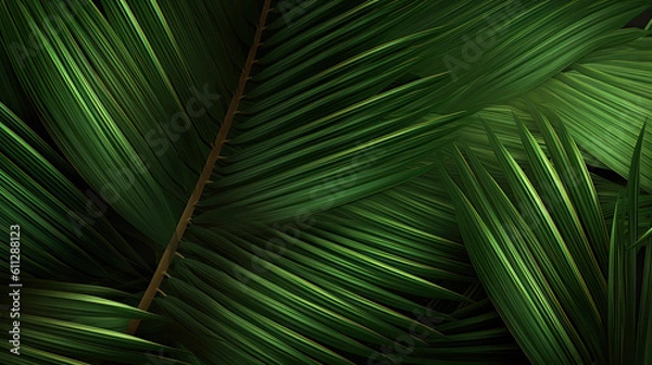 Fototapeta Group of big green banana leaves of exotic palm tree in sunshine on white background. Tropical plant foliage with visible texture. Pollution free symbol. Close up, copy space. Generative AI