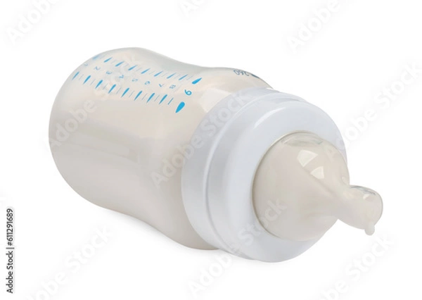 Fototapeta One feeding bottle with infant formula on white background