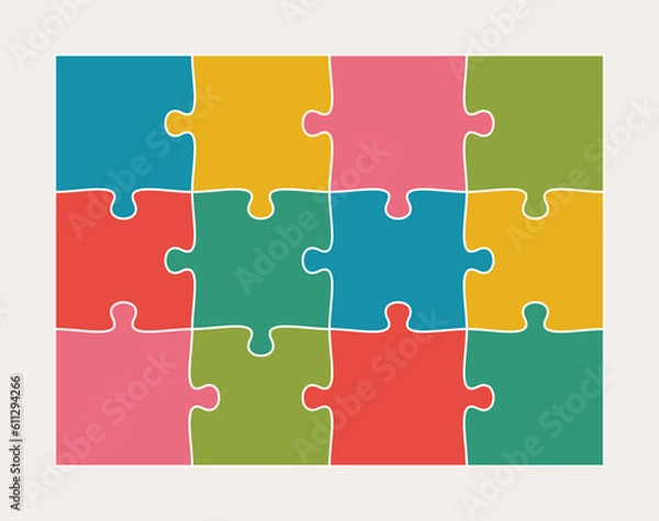 Fototapeta Twelve connected jigsaw puzzle parts flat vector illustration. Infographic template with separate matching pieces. Teamwork concept.