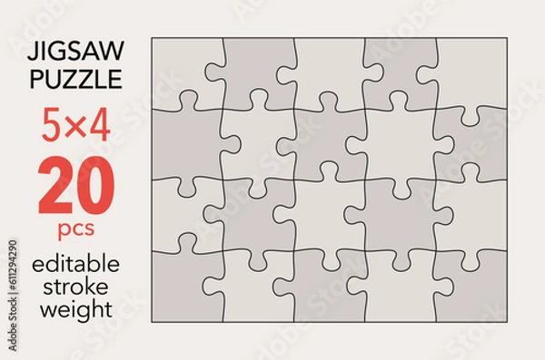 Fototapeta Empty jigsaw puzzle grid template, 5x4 shapes, 20 pieces. Separate matching puzzle elements. Flat vector illustration layout, every piece is a single shape