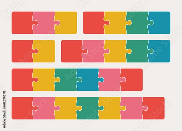 Fototapeta Set of connected jigsaw puzzle parts line flat vector illustration. Infographic templates with separate matching pieces. Teamwork concept.