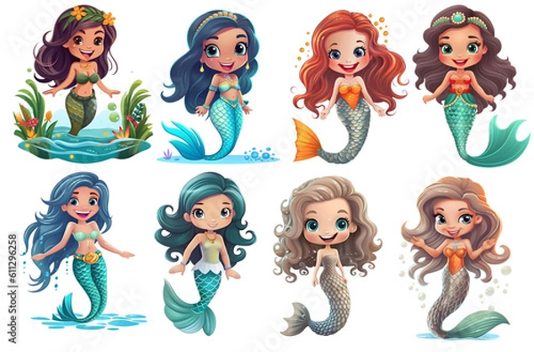 Obraz set of mermaids, cute mermaid, transparent background, generated ai
