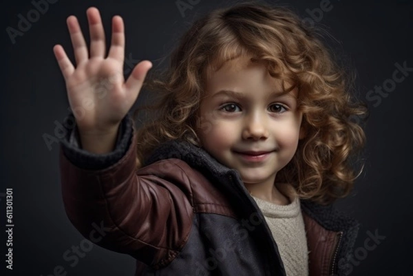 Fototapeta Close-up portrait photography of a glad kid female waving with the hand against a cool gray background. With generative AI technology