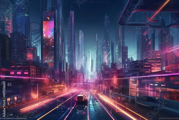 Fototapeta Futuristic cyberpunk city with blue and pink light trail. Concept sci fi downtown at night with skyscraper, highway and billboards. 3D illustration ai generated