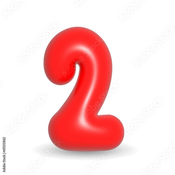 Fototapeta Lustrous, colorful and gleaming red balloon digit Two. 3d realistic design illustration isolated on white background. For Events, Anniversary, Birthday cake.