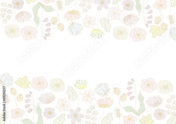 Obraz ふんわりやさしい花畑 パステルカラー 線画