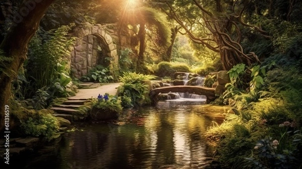 Fototapeta A magical forest scene with sunlight falling on a forest stream with clear water. Generative ai.