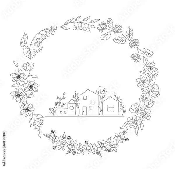 Obraz ファンシーな家並みと植物 リース飾り手書き