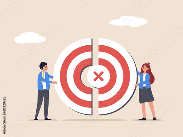 Fototapeta Teamwork concept. Connection of two halves target puzzle, cooperation with people characters. Flat vector illustration.