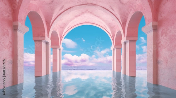 Fototapeta a pink landscape with an underwater lake. Generative AI.