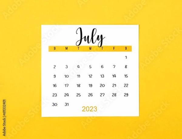Fototapeta The July 2023 Monthly calendar for 2023 year on yellow background.