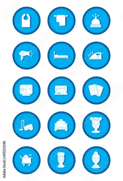 Fototapeta vector icon set of hotel stuff on blue background