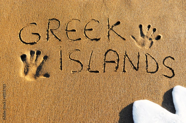 Obraz Greek islands written on sandy beach
