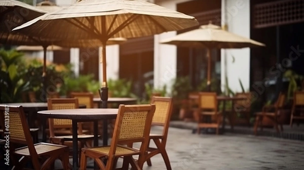 Fototapeta Cafe or restaurant tables and chairs outside with umbrella at morning. Generative ai.