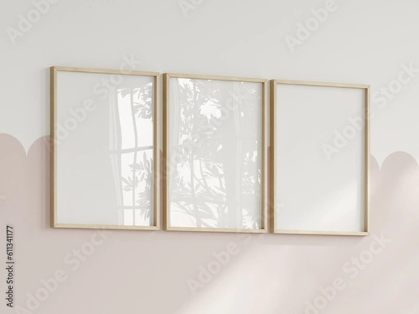 Fototapeta three vertical frames on the wall, girl room interior frame mockup, print mockup, baby room mockup, kids room mockup, nursery interior frame mockup, gallery wall mockup, pink wall mockup, 3d render