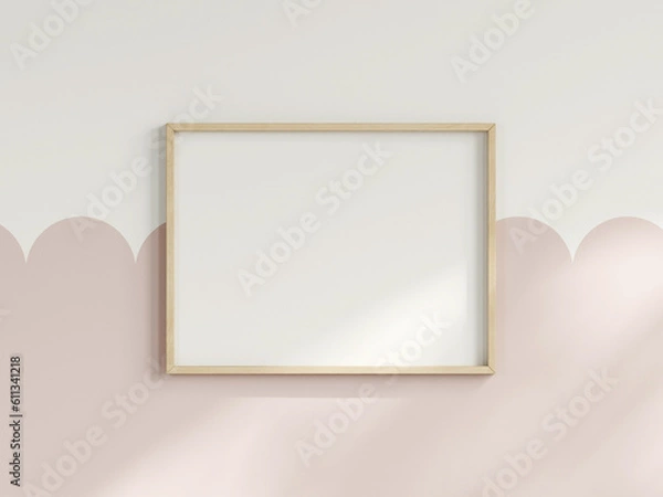 Fototapeta horizontal frame on the wall, girl room interior frame mockup, print mockup, baby room mockup, kids room mockup, nursery interior frame mockup, gallery wall mockup, pink wall mockup, 3d render