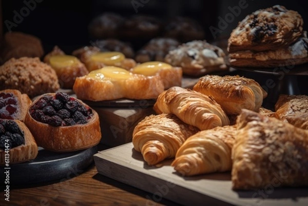 Fototapeta assortment of flaky puff pastries and turnovers, ready for purchase in bakery display, created with generative ai