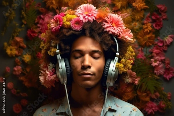 Fototapeta man wearing headphones with flowers on his head, generative AI