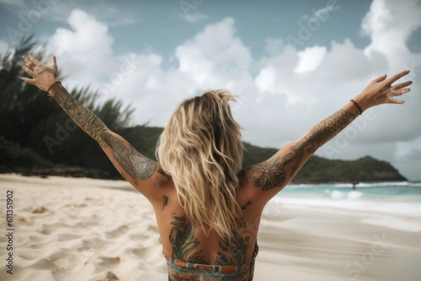 Fototapeta Happy woman with surfer style and tattoos, she raises her arms to the sky in front of a beach with a paradisiacal sea. enjoying nature, concept, tropical destination. Illustration. Generative AI