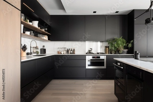 Fototapeta a minimalist kitchen with sleek, streamlined appliances and simple storage, created with generative ai