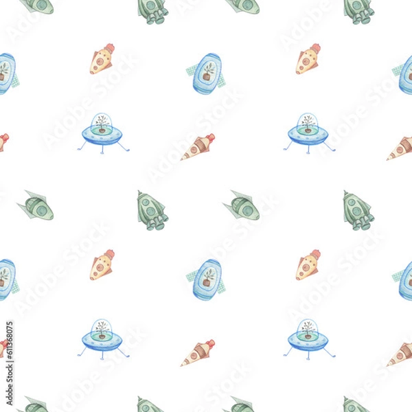 Obraz Watercolor seamless pattern with space rockets on white background. Design with space elements