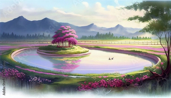 Fototapeta Generative AI lake in the mountains