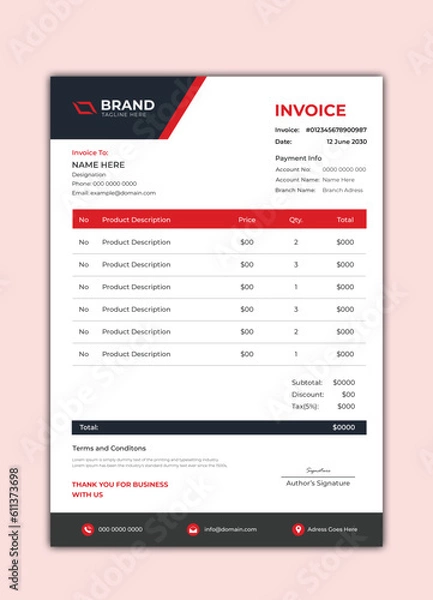 Fototapeta Red black clean business invoice design template