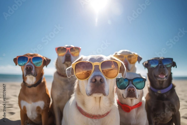 Fototapeta a group of labrador terrier dog wearing sunglasses on the beach. Generative AI.