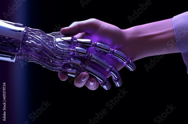Fototapeta A Man and Robot Handshake: Embracing the Future of Technology and Collaboration