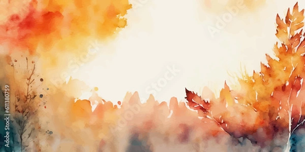 Fototapeta Watercolor autumn abstract background with seasonal leaves and copy space. Hand drawn art backdrop in fall colors. Autumn landscape. Vector illustration template